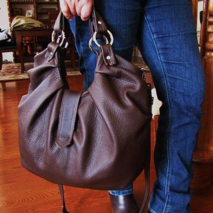 Large Brown Leather Hobo Bag Pleated Satchel..