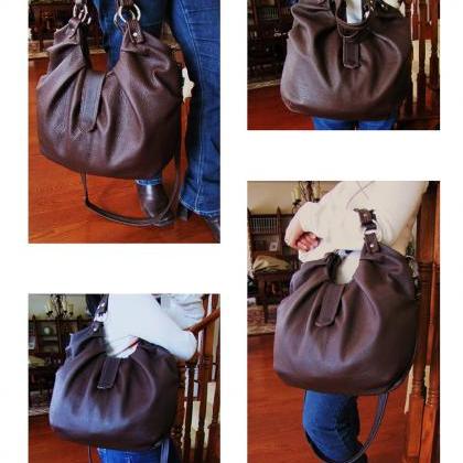 Large Brown Leather Hobo Bag Pleated Satchel..