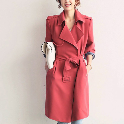 Fashion Pure Color Long Sleeve Turn-down Collar Long Trench Coat With Waistband