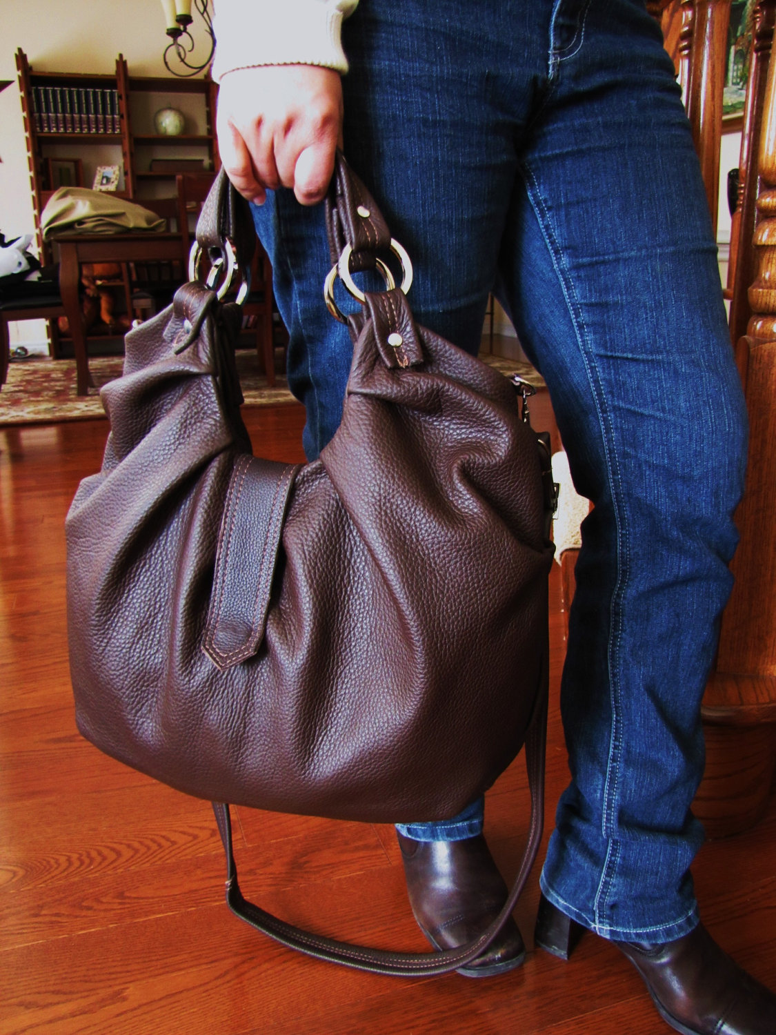Large Brown Leather Hobo Bag Pleated Satchel Boston Bag - Chocolate Brownie